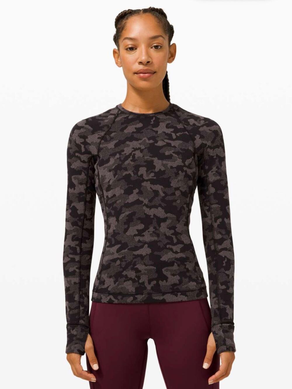 LULULEMON RUNDERFUL LS HERITAGE CAMO BLACK TOP: SIZE S